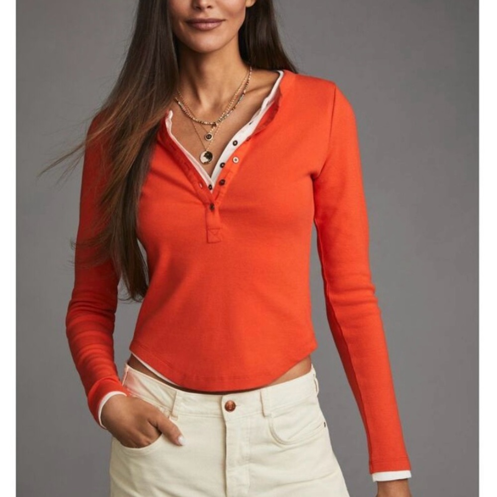 Pilcro by Anthropologie Ribbed Orange Henley Top. Size Large